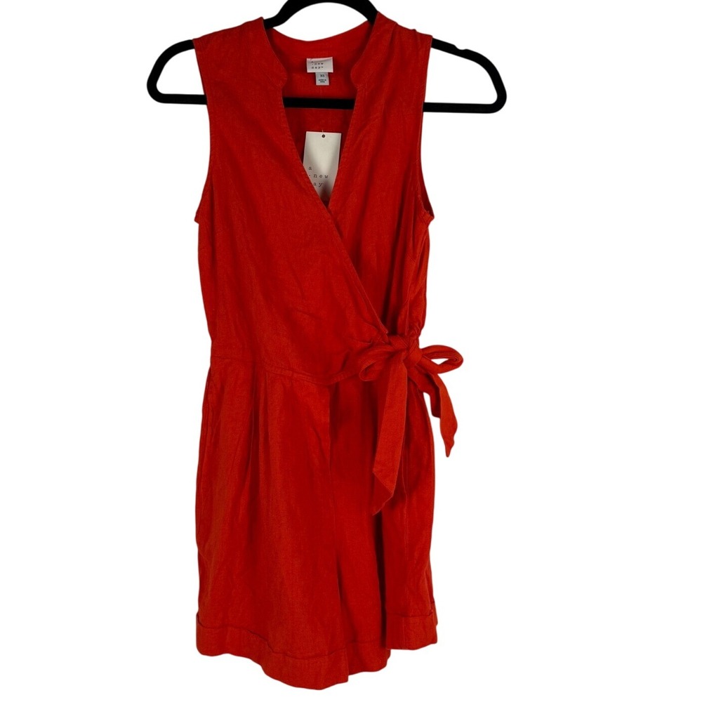 A New Day Red Romper Sleeveless Tie Waist Linen Blend V Neck Womens Size XS NEW‎